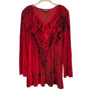 The Pyramid Collection Red Crushed Velvet Floral Ruffle V  Neck Blouse Top